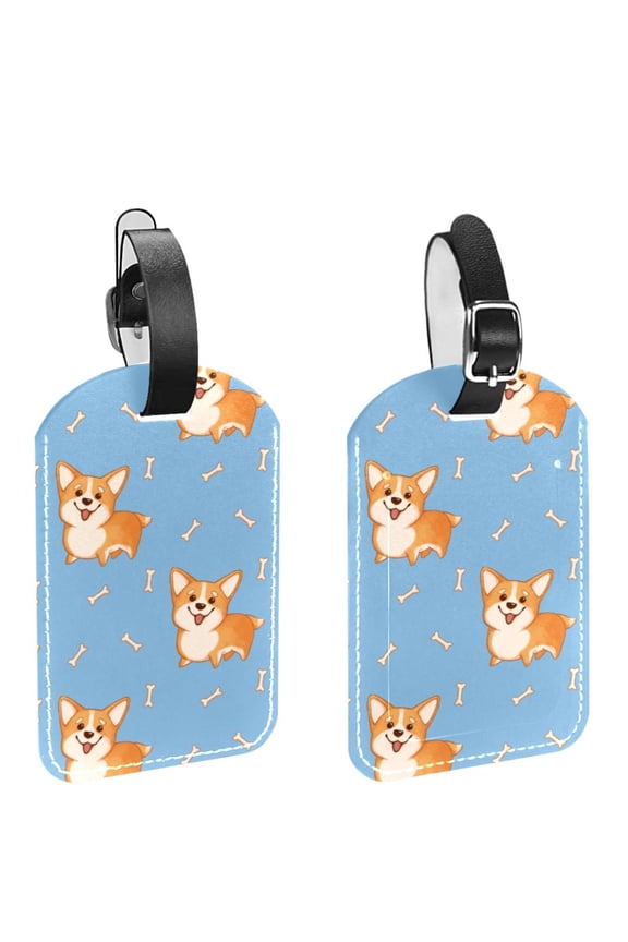 Square 2Pack PU Leather Corgi Dog Bones Cruise Luggage Tag with Privacy Cover and Name ID Tag for Travel Handbags Backpacks Luggage Tags