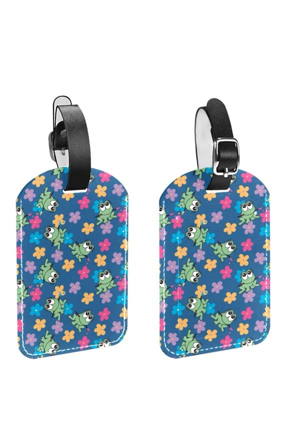 Square 2Pack PU Leather Cute Frog Cruise Luggage Tag with Privacy Cover and Name ID Tag for Travel Handbags Backpacks Luggage Tags
