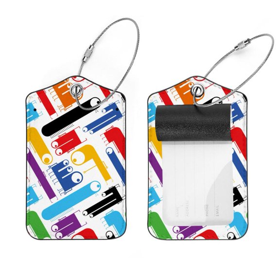 Square 2Pack PU Leather Cute Monster Cruise Luggage Tag with Privacy Cover and Stainless Steel Ring - Suitable for Travel Handbags Backpacks Luggage Tags