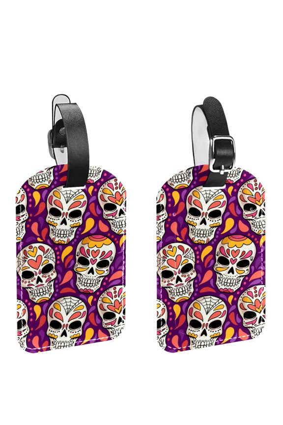 Square 2Pack PU Leather Day of the Dead Cruise Luggage Tag with Privacy Cover and Name ID Tag for Travel Handbags Backpacks Luggage Tags