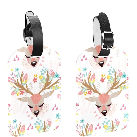 Square 2Pack PU Leather Deer Floral Watercolor Cruise Luggage Tag with Privacy Cover and Name ID Tag for Travel Handbags Backpacks Luggage Tags
