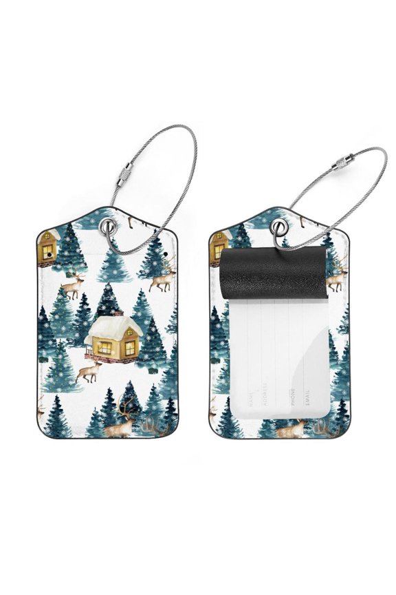 Square 2Pack PU Leather Deer Pattern Cruise Luggage Tag with Privacy Cover and Stainless Steel Ring - Suitable for Travel Handbags Backpacks Luggage Tags