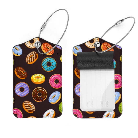 Square 2Pack PU Leather Delicious Donut Chocolate Cruise Luggage Tag with Privacy Cover and Stainless Steel Ring - Suitable for Travel Handbags Backpacks Luggage Tags