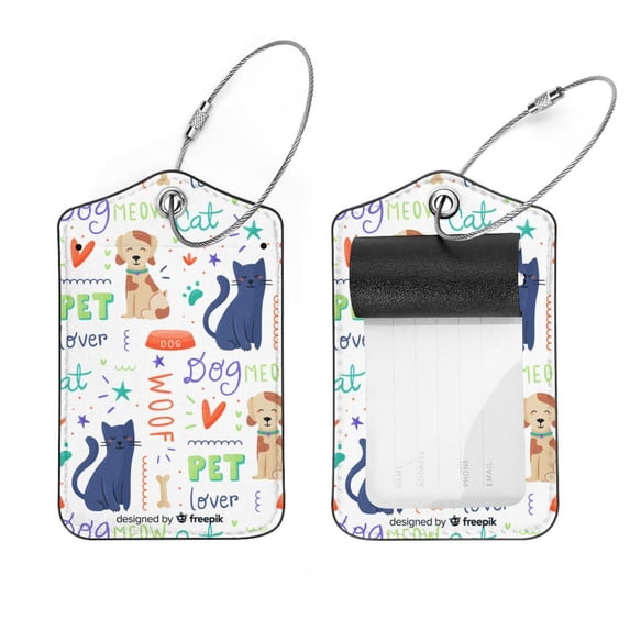 Square 2Pack PU Leather Dog Cat Kitten Doodle Cruise Luggage Tag with Privacy Cover and Stainless Steel Ring - Suitable for Travel Handbags Backpacks Luggage Tags
