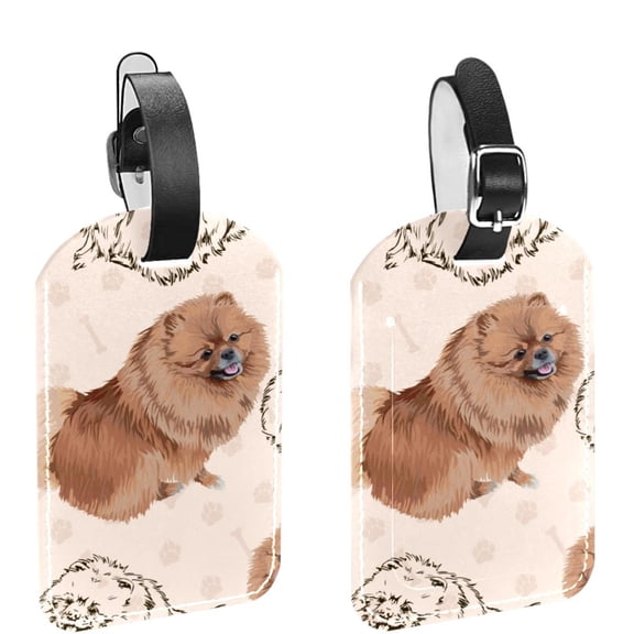 Square 2Pack PU Leather Dog Pomeranian and Bones Cruise Luggage Tag with Privacy Cover and Name ID Tag for Travel Handbags Backpacks Luggage Tags