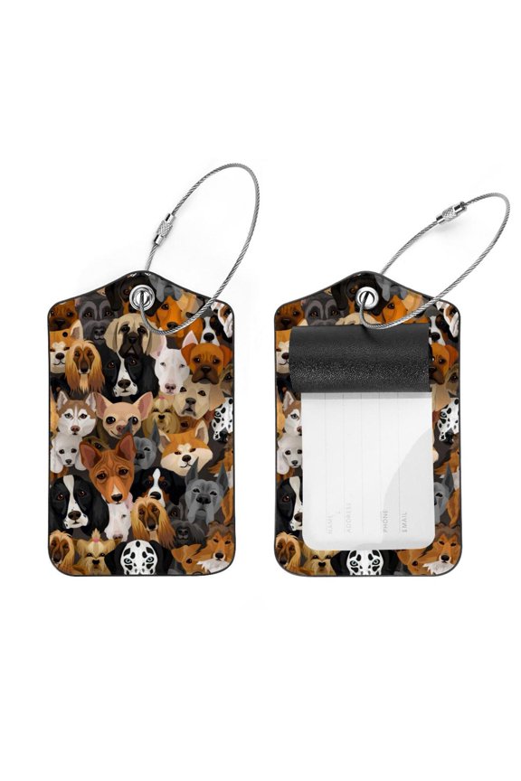 Square 2Pack PU Leather Dog Puppy Face Cruise Luggage Tag with Privacy Cover and Stainless Steel Ring - Suitable for Travel Handbags Backpacks Luggage Tags