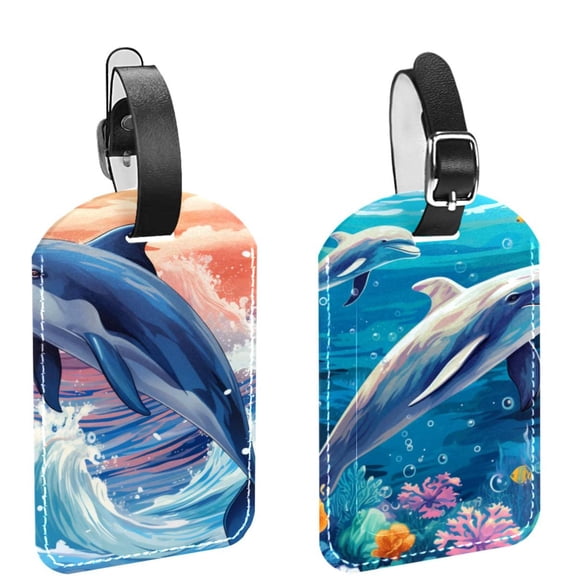 Square 2Pack PU Leather Dolphin Cruise Luggage Tag with Privacy Cover and Name ID Tag for Travel Handbags Backpacks Luggage Tags