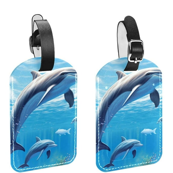 Square 2Pack PU Leather Dolphin Cruise Luggage Tag with Privacy Cover and Name ID Tag for Travel Handbags Backpacks Luggage Tags