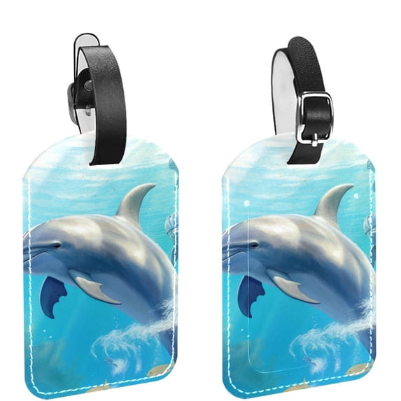 Square 2Pack PU Leather Dolphin Cruise Luggage Tag with Privacy Cover and Name ID Tag for Travel Handbags Backpacks Luggage Tags