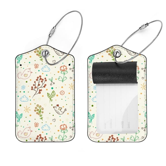 Square 2Pack PU Leather Doodle Floral Bird Cruise Luggage Tag with Privacy Cover and Stainless Steel Ring - Suitable for Travel Handbags Backpacks Luggage Tags