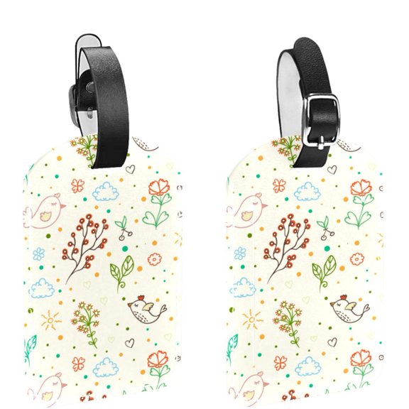 Square 2Pack PU Leather Doodle Floral Bird Cruise Luggage Tag with Privacy Cover and Name ID Tag for Travel Handbags Backpacks Luggage Tags