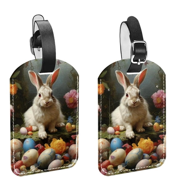 Square 2Pack PU Leather Easter Rabbit Cruise Luggage Tag with Privacy Cover and Name ID Tag for Travel Handbags Backpacks Luggage Tags