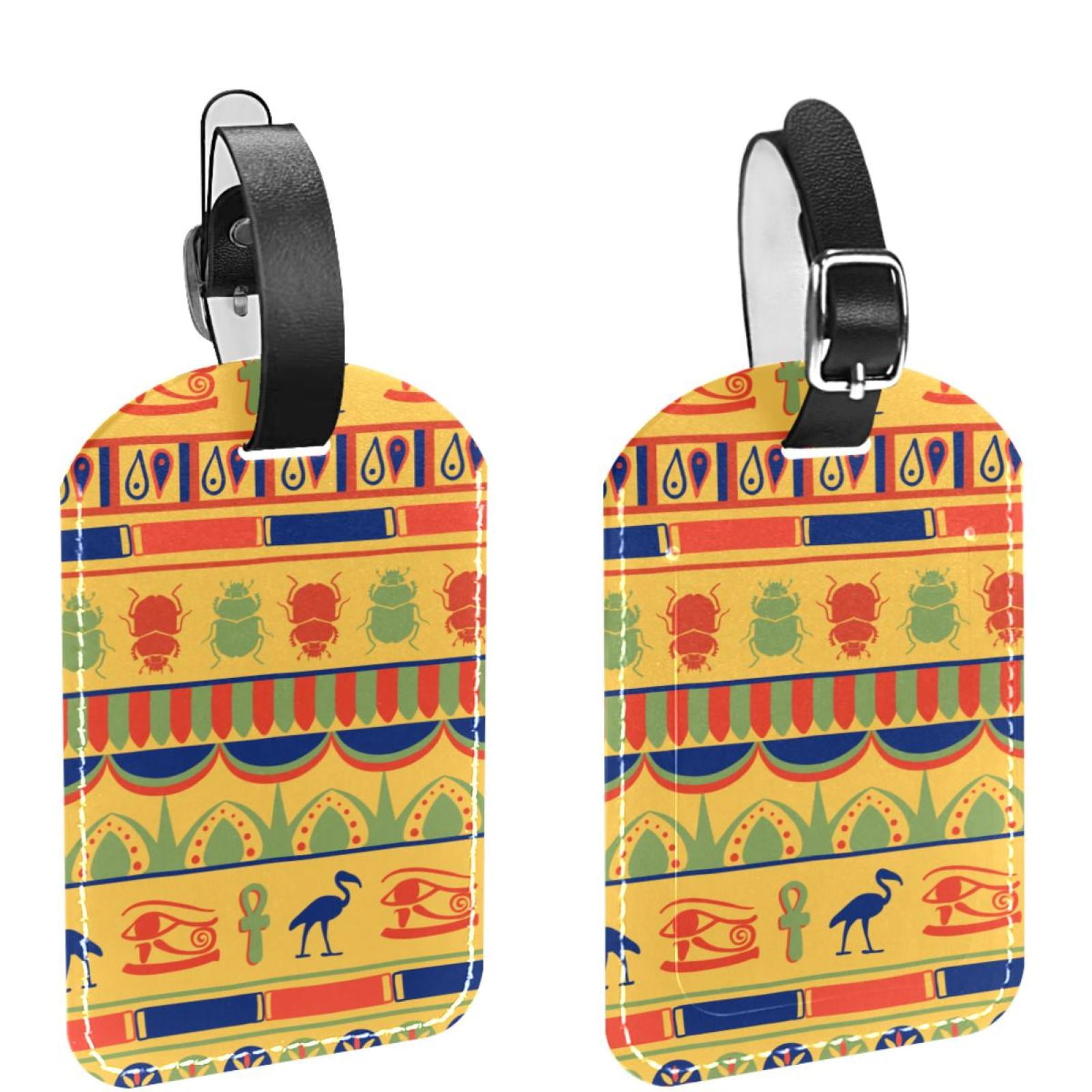 Square 2Pack PU Leather Egyptian Hieroglyphics Cruise Luggage Tag with Privacy Cover and Name ID