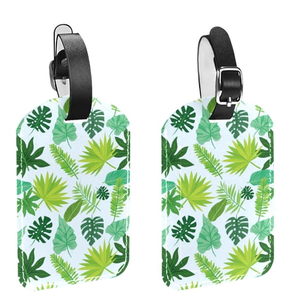 Square 2Pack PU Leather Exotic Green Leaves Cruise Luggage Tag with Privacy Cover and Name ID Tag for Travel Handbags Backpacks Luggage Tags