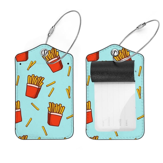 Square 2Pack PU Leather Fast Food French Fries Cruise Luggage Tag with Privacy Cover and Stainless Steel Ring - Suitable for Travel Handbags Backpacks Luggage Tags