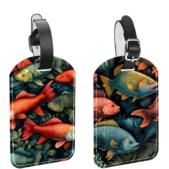 Square 2Pack PU Leather Fish Cruise Luggage Tag with Privacy Cover and Name ID Tag for Travel Handbags Backpacks Luggage Tags