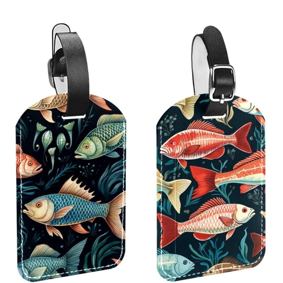 Square 2Pack PU Leather Fish Cruise Luggage Tag with Privacy Cover and Name ID Tag for Travel Handbags Backpacks Luggage Tags
