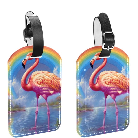 Square 2Pack PU Leather Flamingo Cruise Luggage Tag with Privacy Cover and Name ID Tag for Travel Handbags Backpacks Luggage Tags
