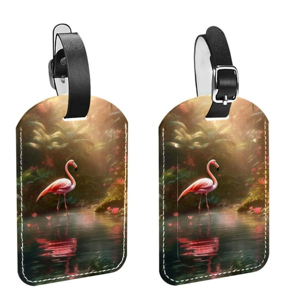 Square 2Pack PU Leather Flamingo Cruise Luggage Tag with Privacy Cover and Name ID Tag for Travel Handbags Backpacks Luggage Tags