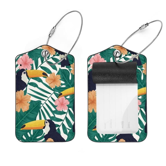 Square 2Pack PU Leather Floral Tropical Leabes Cruise Luggage Tag with Privacy Cover and Stainless Steel Ring - Suitable for Travel Handbags Backpacks Luggage Tags