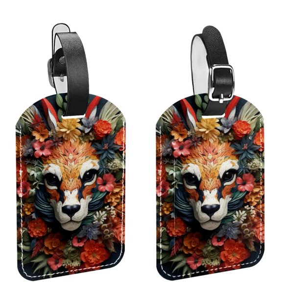 Square 2Pack PU Leather Flower Deer Cruise Luggage Tag with Privacy Cover and Name ID Tag for Travel Handbags Backpacks Luggage Tags