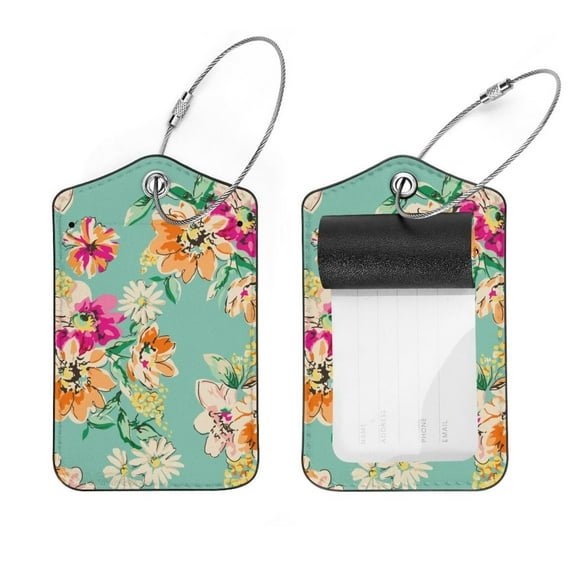 Square 2Pack PU Leather Flower Floral Cruise Luggage Tag with Privacy Cover and Stainless Steel Ring - Suitable for Travel Handbags Backpacks Luggage Tags