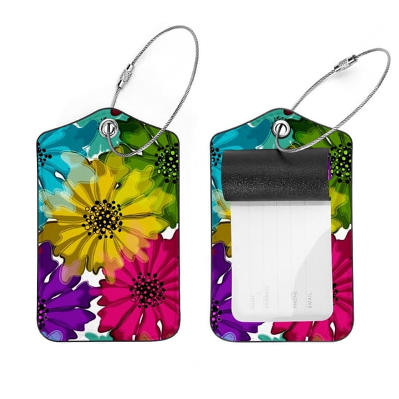 Square 2Pack PU Leather Flowers Cruise Luggage Tag with Privacy Cover and Stainless Steel Ring - Suitable for Travel Handbags Backpacks Luggage Tags