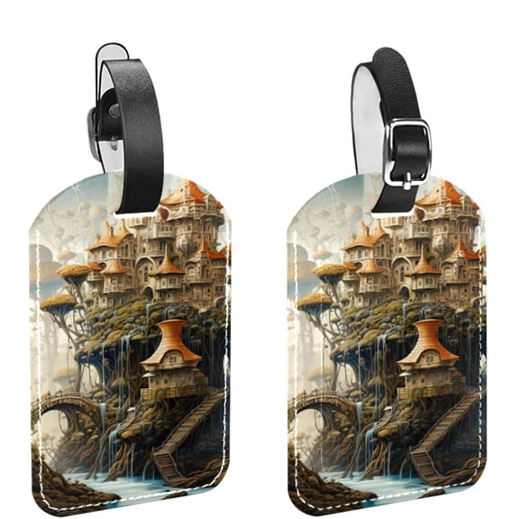 Square 2Pack PU Leather Forest Castle Cruise Luggage Tag with Privacy Cover and Name ID Tag for Travel Handbags Backpacks Luggage Tags