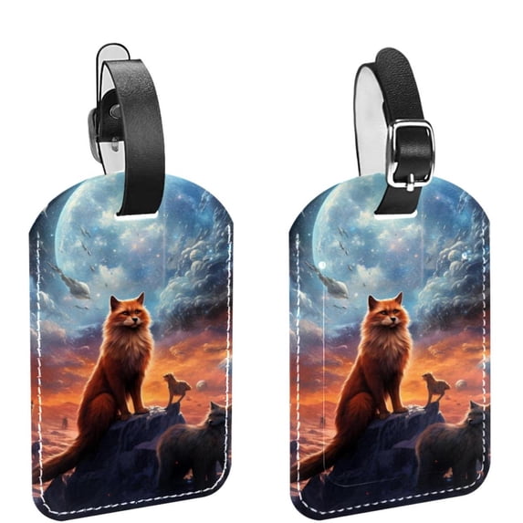 Square 2Pack PU Leather Fox Cruise Luggage Tag with Privacy Cover and Name ID Tag for Travel Handbags Backpacks Luggage Tags