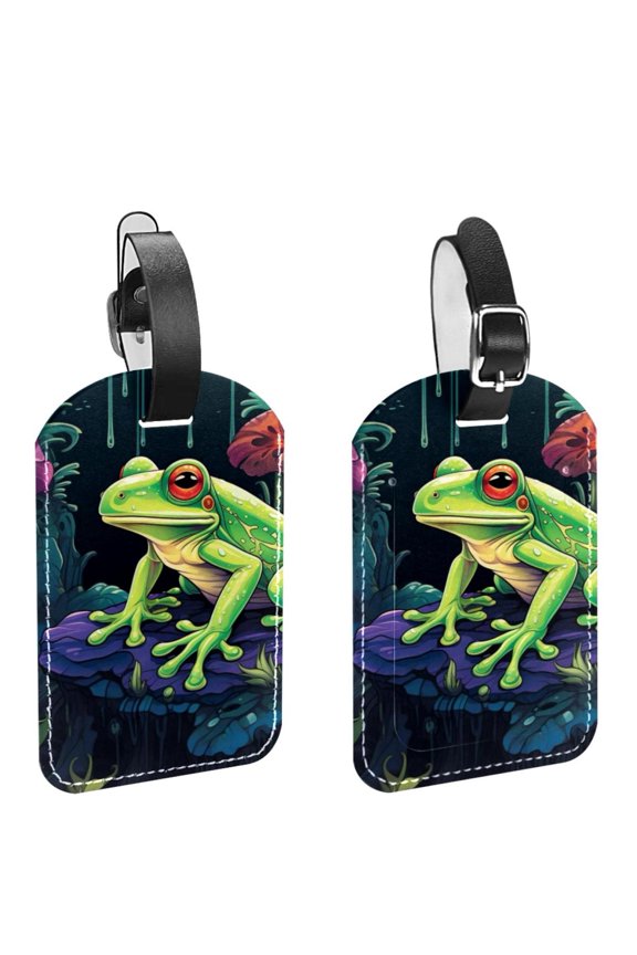 Square 2Pack PU Leather Frog Cruise Luggage Tag with Privacy Cover and Name ID Tag for Travel Handbags Backpacks Luggage Tags