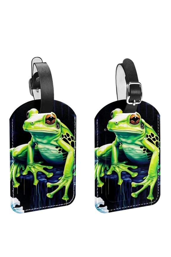Square 2Pack PU Leather Frog Cruise Luggage Tag with Privacy Cover and Name ID Tag for Travel Handbags Backpacks Luggage Tags