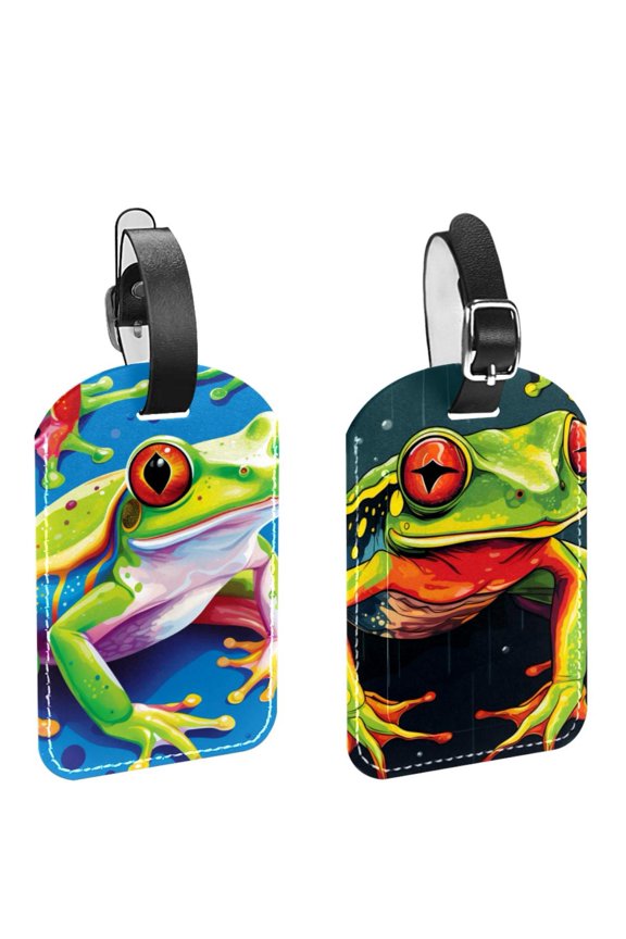 Square 2Pack PU Leather Frog Cruise Luggage Tag with Privacy Cover and Name ID Tag for Travel Handbags Backpacks Luggage Tags