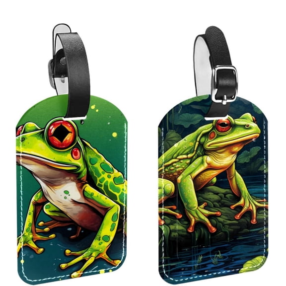 Square 2Pack PU Leather Frog Cruise Luggage Tag with Privacy Cover and Name ID Tag for Travel Handbags Backpacks Luggage Tags