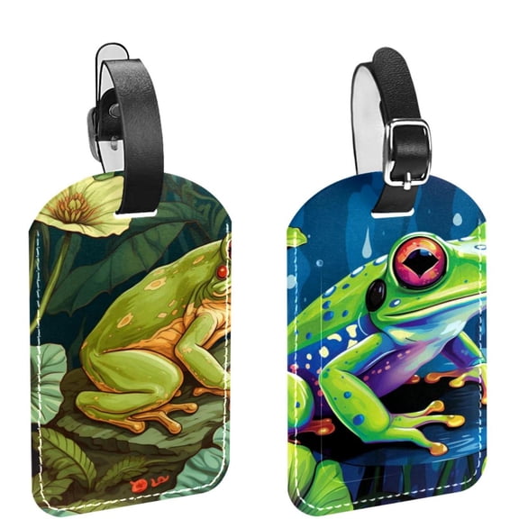 Square 2Pack PU Leather Frog Cruise Luggage Tag with Privacy Cover and Name ID Tag for Travel Handbags Backpacks Luggage Tags