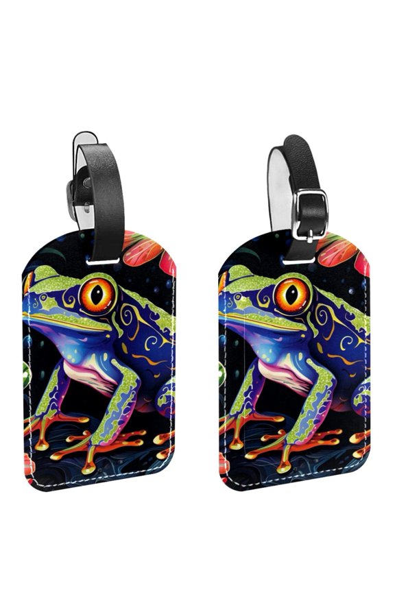 Square 2Pack PU Leather Frog Cruise Luggage Tag with Privacy Cover and Name ID Tag for Travel Handbags Backpacks Luggage Tags