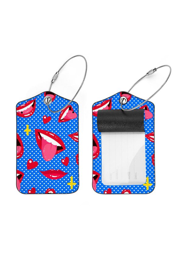 Square 2Pack PU Leather Funny Mouth Lips Pattern Cruise Luggage Tag with Privacy Cover and Stainless Steel Ring - Suitable for Travel Handbags Backpacks Luggage Tags