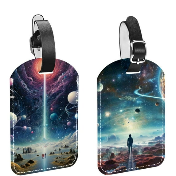 Square 2Pack PU Leather Galaxy Cruise Luggage Tag with Privacy Cover and Name ID Tag for Travel Handbags Backpacks Luggage Tags