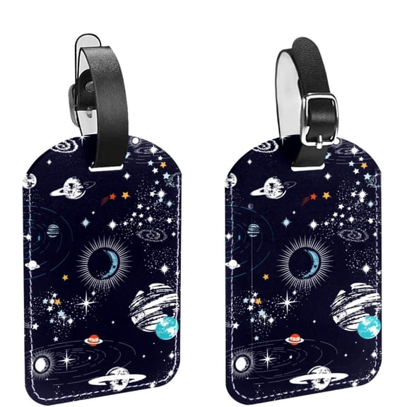 Square 2Pack PU Leather Galaxy Space Planets Cruise Luggage Tag with Privacy Cover and Name ID Tag for Travel Handbags Backpacks Luggage Tags