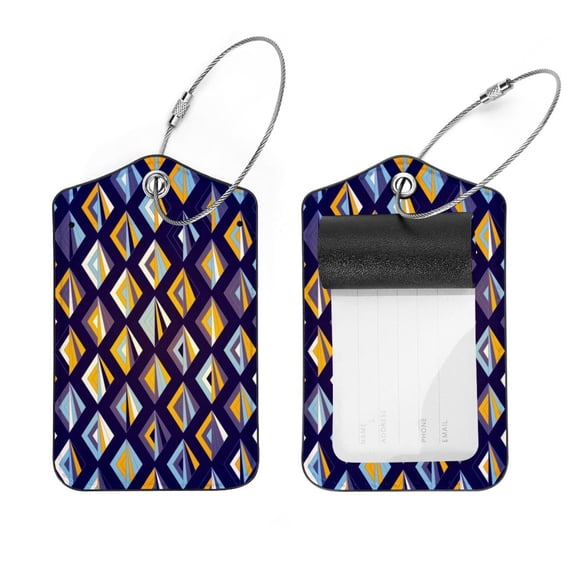 Square 2Pack PU Leather Geometry Blue Cruise Luggage Tag with Privacy Cover and Stainless Steel Ring - Suitable for Travel Handbags Backpacks Luggage Tags