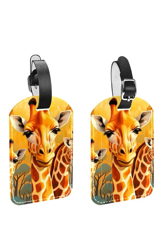 Square 2Pack PU Leather Giraffe Cruise Luggage Tag with Privacy Cover and Name ID Tag for Travel Handbags Backpacks Luggage Tags