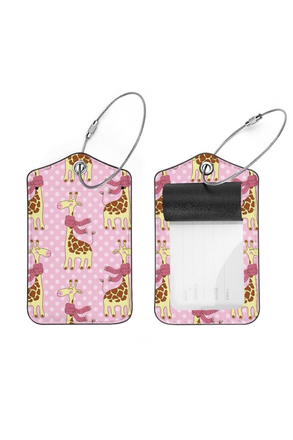 Square 2Pack PU Leather Giraffes with Scarves Cruise Luggage Tag with Privacy Cover and Stainless Steel Ring - Suitable for Travel Handbags Backpacks Luggage Tags