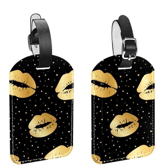 Square 2Pack PU Leather Gold Glamorous Lips Cruise Luggage Tag with Privacy Cover and Name ID Tag for Travel Handbags Backpacks Luggage Tags