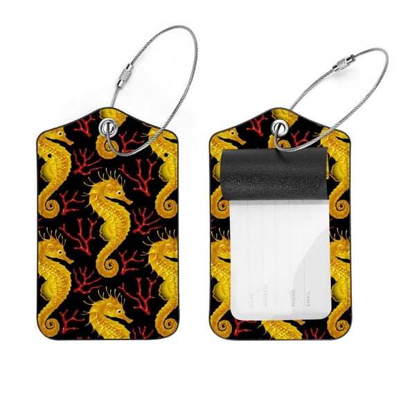 Square 2Pack PU Leather Golden Seahorse Red Coral Cruise Luggage Tag with Privacy Cover and Stainless Steel Ring - Suitable for Travel Handbags Backpacks Luggage Tags