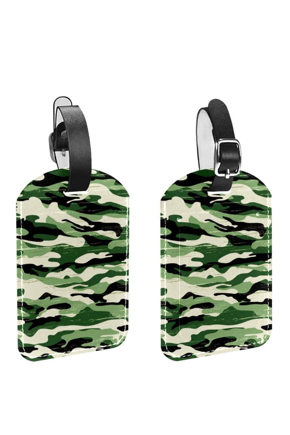 Square 2Pack PU Leather Green Camo Military Cruise Luggage Tag with Privacy Cover and Name ID Tag for Travel Handbags Backpacks Luggage Tags