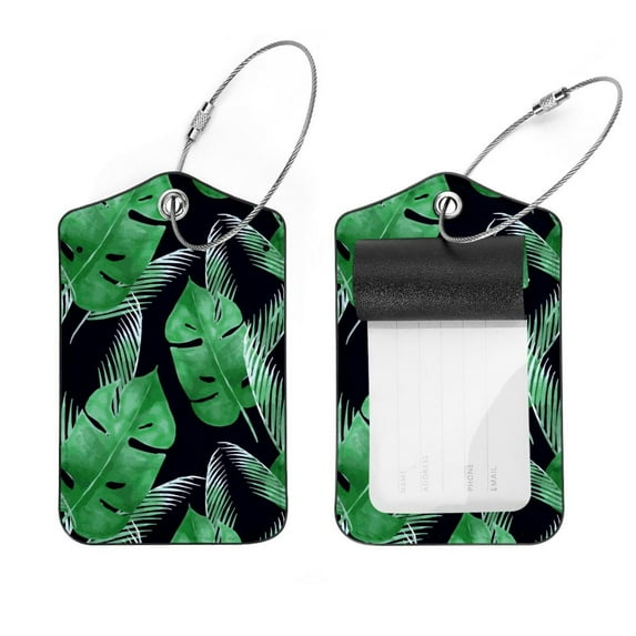 Square 2Pack PU Leather Green Leaf Tropical Cruise Luggage Tag with Privacy Cover and Stainless Steel Ring - Suitable for Travel Handbags Backpacks Luggage Tags