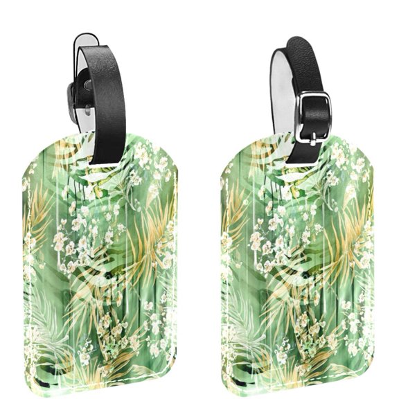 Square 2Pack PU Leather Green Leaves Pattern Cruise Luggage Tag with Privacy Cover and Name ID Tag for Travel Handbags Backpacks Luggage Tags