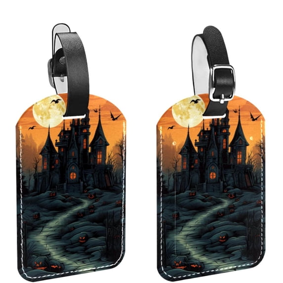 Square 2Pack PU Leather Halloween Castle Cruise Luggage Tag with Privacy Cover and Name ID Tag for Travel Handbags Backpacks Luggage Tags