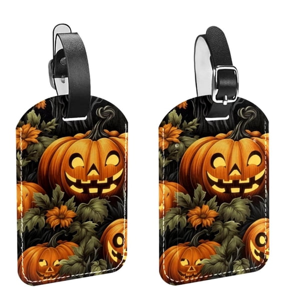Square 2Pack PU Leather Halloween Pumpkin Cruise Luggage Tag with Privacy Cover and Name ID Tag for Travel Handbags Backpacks Luggage Tags