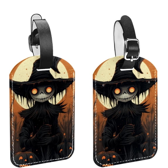 Square 2Pack PU Leather Halloween Scarecrow Cruise Luggage Tag with Privacy Cover and Name ID Tag for Travel Handbags Backpacks Luggage Tags
