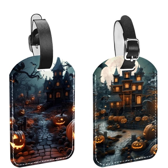 Square 2Pack PU Leather Happy Halloween Cruise Luggage Tag with Privacy Cover and Name ID Tag for Travel Handbags Backpacks Luggage Tags
